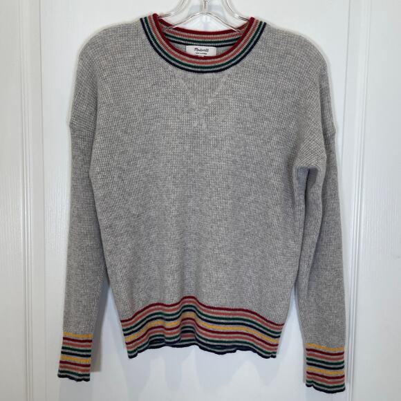 Madewell 100% Cashmere Sweater Rainbow-Trim Sweatshirt Cloud Gray Long Sleeve S - Picture 3 of 6